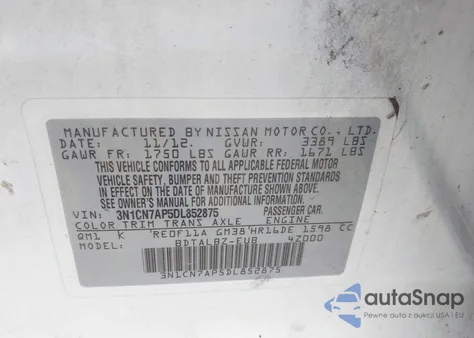 2013 Nissan Versa 1.6 Sv z USA, uszkodzony, nr VIN 3N1CN7AP5DL852875